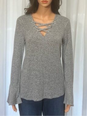 by & by Heather Gray Lace-Up Long Sleeve Top